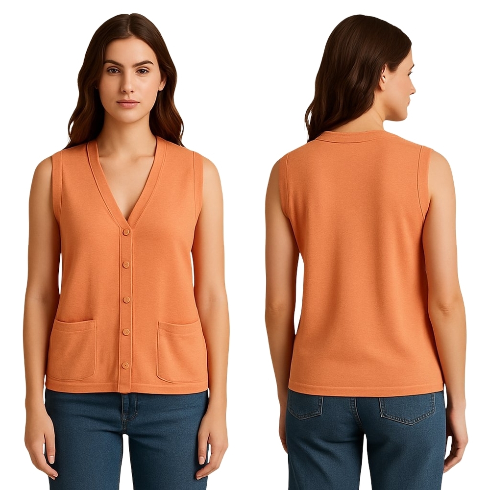 INDIZI Vest Womens Medium Orange Cotton Blend Button Front Preppy Retro Grandma